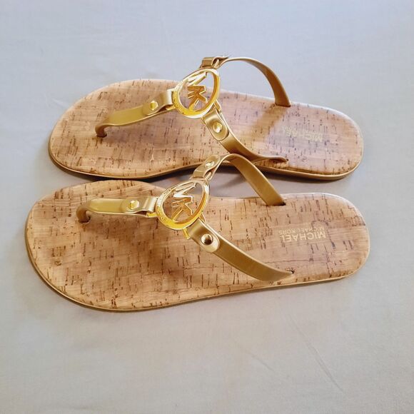 Michael Kors Womens Jet Set Jelly Flip Flop Gold-Tone Logo Size 8 Cork Footbed - Picture 2 of 7